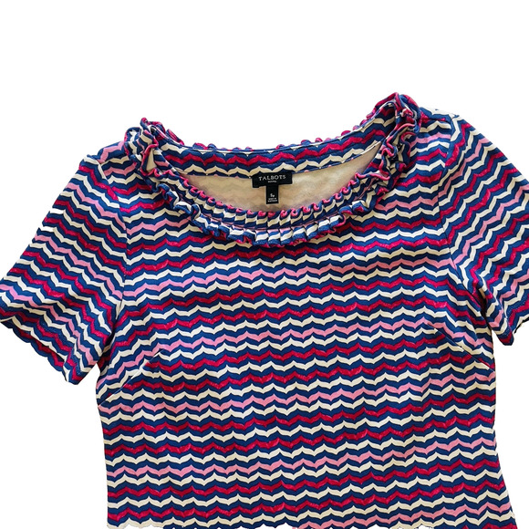 Talbots Ruffle‎ Short Sleeve Chevron Dress Pink Blue White Size Small Petite - Picture 3 of 13